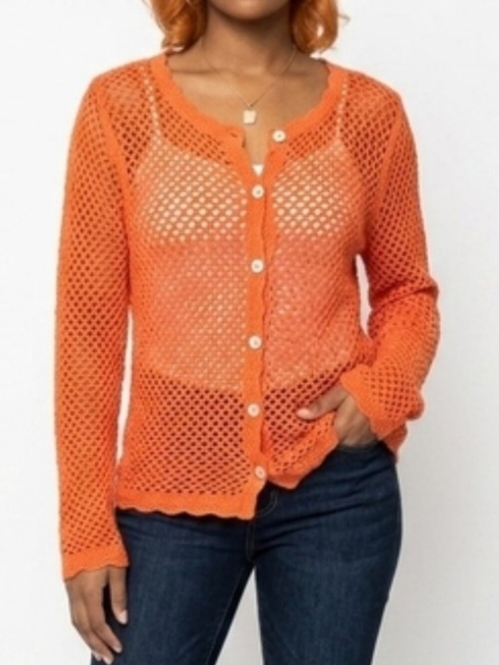 Vintage M.T. Threads Orange Crochet Knit Cardigan Sweater 100% Cotton MediumBoho